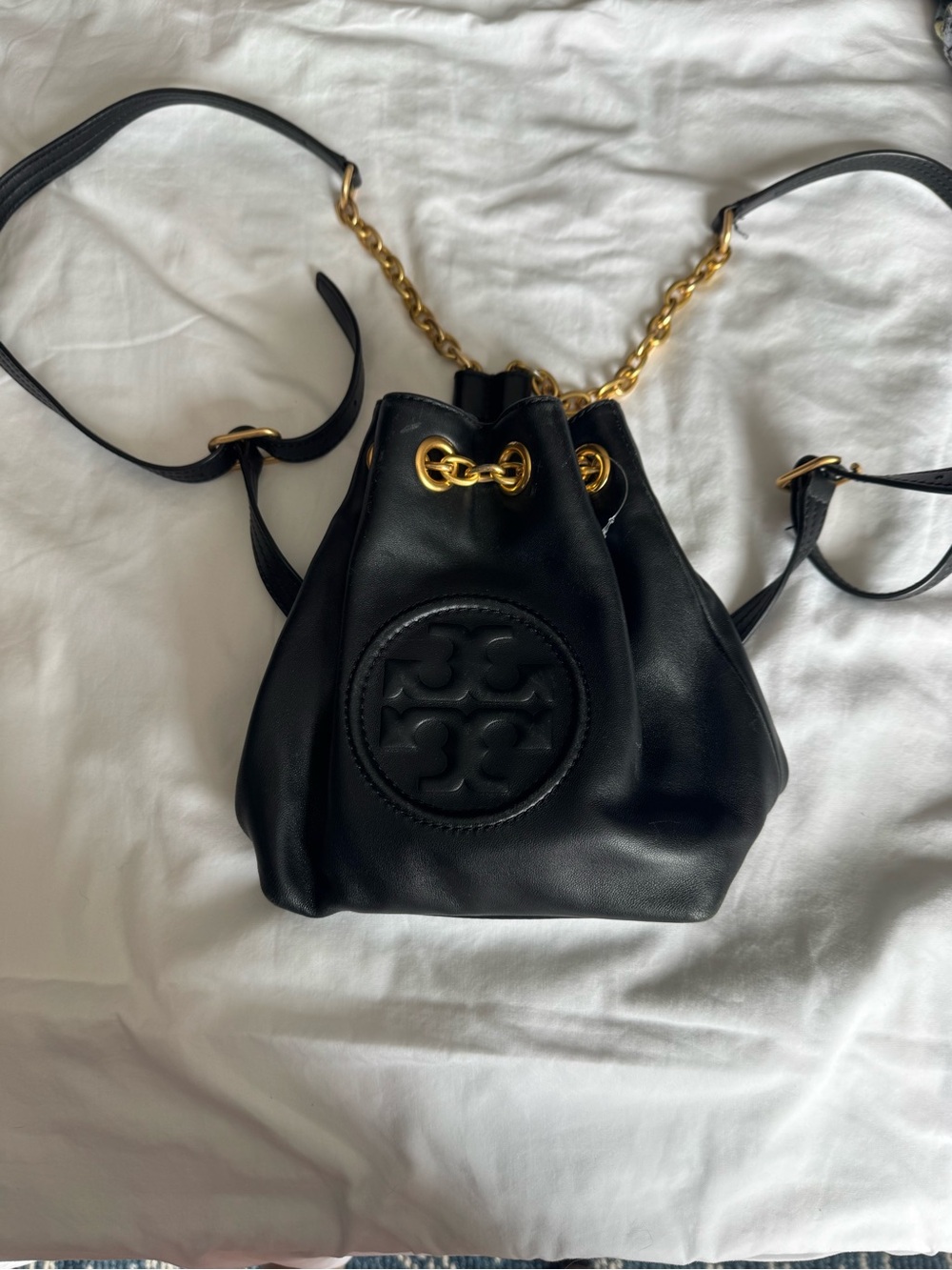 Tory Burch Black Leather Mini Drawstring Bucket Bag with Gold Chain